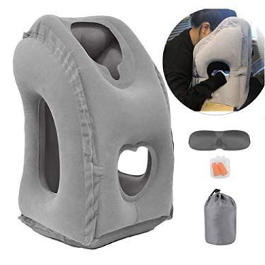 Imagem de Travesseiro inflável de viagem Kimiandy Para dormir, evita dores no pescoço e nos ombros, suporta confortavelmente cabeça e lombar, usado para avião, carro, ônibus e escritório (cinza)