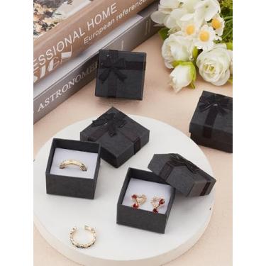 Imagem de 4 caixas de anel de joias de papel quadradas, caixa de presente preta com recipientes de armazenamento de laço para brincos, pulseiras, colares, pingentes, casamentos, aniversários, exibição de