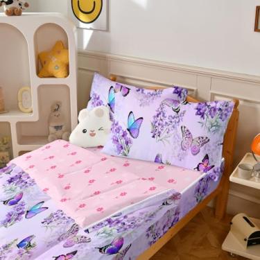 Imagem de Yadangxiawa Jogo de edredom infantil, solteiro, com estampa de borboleta roxa e manchas coloridas, lençol com elástico e fronhas para todas as estações (borboleta roxa)
