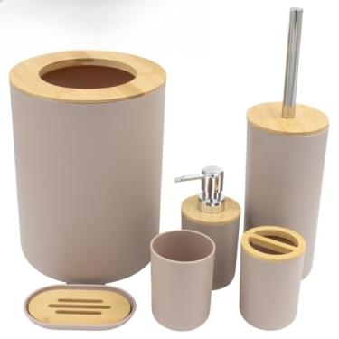 Imagem de Kit Banheiro Bambu 6 Peças Conjunto Acessórios Lavabo Completo 029 Saboneteira Lixeira Dispenser(6 Peças - Cinza - 029)
