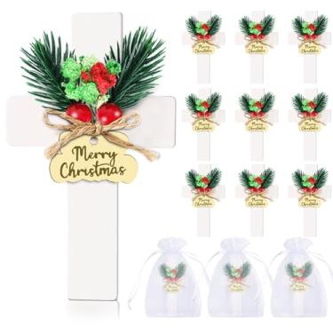 Imagem de 12 conjuntos de lembrancinhas de batismo de Natal para convidados cruz de madeira ímãs de geladeira cruz de primeira comunhão com flor, saco de lembranças cristãs presente para batismo batismo chá de