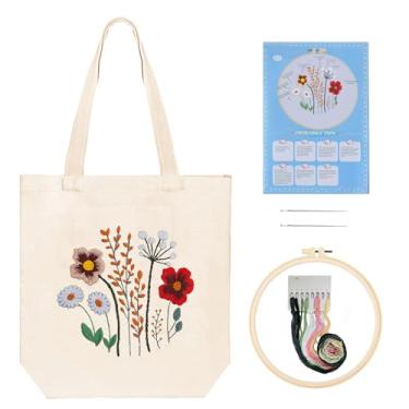 Imagem de Huacan Kits de bolsa de lona bordada para adultos iniciantes estampa de flores estampadas DIY ponto cruz kit de costura de costura de flores