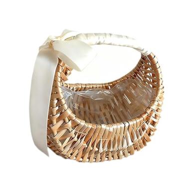 Imagem de IEUDNS Cesto de flores de vime com alça de fita, estilo boho, cesto de armazenamento trançado, para daminha de honra.