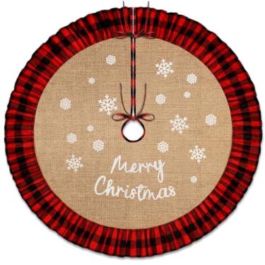 Imagem de Tatuo Saia de árvore de Natal de 101 cm, saia de linho xadrez vermelha e preta com babados, ornamentos rústicos de árvores de fazenda, floco de neve, tapete para decoração de Natal, ambientes internos