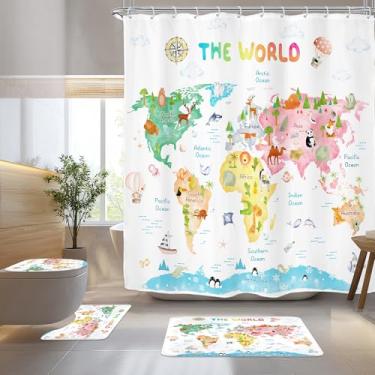 Imagem de Riyidecor Conjunto de cortina de banheiro com mapa do mundo infantil, 4 peças, ferramenta educacional, desenho animado, conjunto de decoração de banheiro com tapetes e acessórios, tapete de tampa de