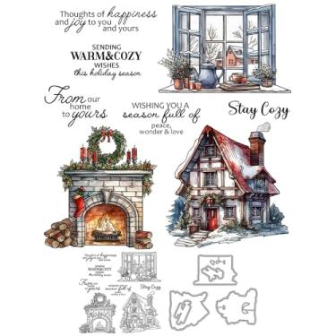 Imagem de YIXUAN Conjunto de carimbos transparentes e matrizes de corte de metal para lareira de Natal para casa quente de inverno, caixa de envelope para fazer cartões, faça você mesmo, materiais de scrapbook