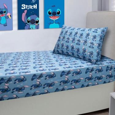 Imagem de Jogo Cama Infantil Stitch Blue Algodão Com Elástico 2 Peças Azul - Por