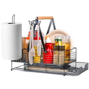 Imagem de Rixordd Organizador de churrasqueira com suporte de toalha de papel e gaveta removível – Cesta organizadora de churrasco resistente com ganchos e compartimentos para acampamento, trailer, cozinhar ao
