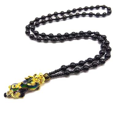 Imagem de Colar Feng Shui Lucky Nafu Wealth Pi Xiu Contas Pretas Colar Amizade Feito à Mão Corda Trançada Banhado a Ouro Ajustável Joias Modernas para Mulheres e Meninas, Metal, Liga metálica.