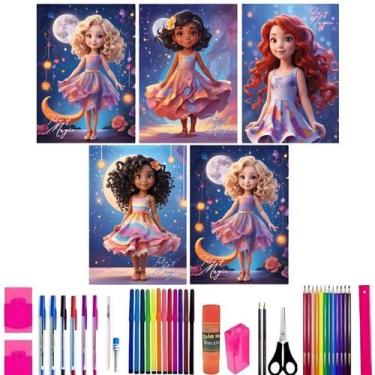 Imagem de Kit 5 Cadernos Brochurão Princesas 96 Folhas Com 40 Itens - 99844P265U