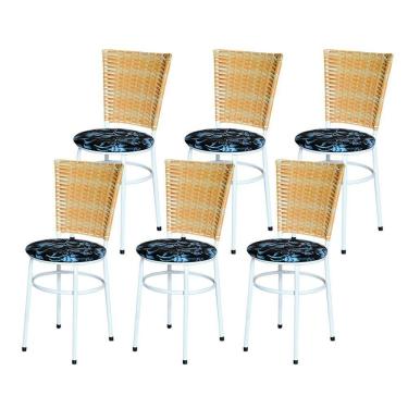 Imagem de 6 Cadeiras Para Mesa Branca Hawai Palha Assento Floral Cor:floral Preto