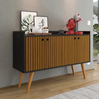 Imagem de Aparador Com Quatro Portas Para Cantinho Do Cafe Sala De Estar Armario Decorativo E Bar De Cozinha (PRETO/RIPADO NATURE)