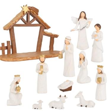 Imagem de Conjunto de presépio de resina de 12 peças – Creche de Natal feito à mão com a Sagrada Família, Anjo, Reis Magos, Animais e Estábulo – Decoração de Natal Religiosa Clássica para Casa, Igreja ou