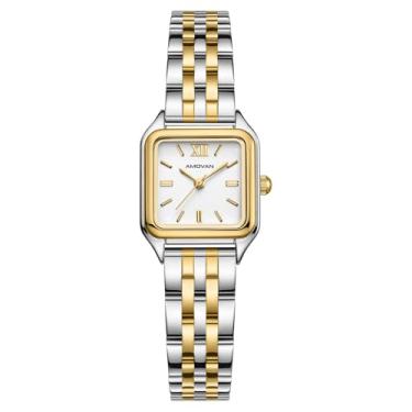 Imagem de AMOVAN Relógios dourados femininos, quartzo feminino atualizado com mostrador numeral romano, pulseira de aço inoxidável, caixa retangular, relógios de pulso vintage, ferramenta de ajuste incluída