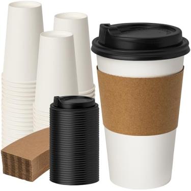 Imagem de RACETOP 473 ml, pacote com 50 xícaras de café de papel descartáveis com tampas e mangas, copos de papel descartáveis brancos, copos quentes para café, líquido quente, ideal para cafés, bistrôs
