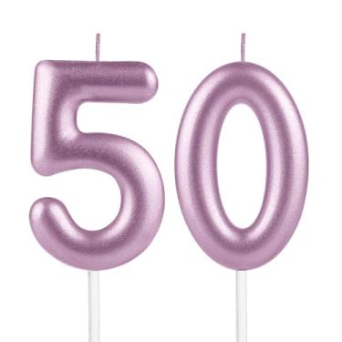 Imagem de 50º velas de aniversário rosa metálico, número 50 velas de aniversário rosa metálico para decoração de topo de bolo, mulheres, homens, casamentos, comemorações, artigos para festas felizes