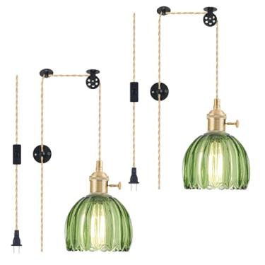Imagem de Pacote com 2 luminárias pendentes, luminária pendurada em vidro vintage, mini lâmpada suspensa tulipa verde, iluminação pendente para ilha de cozinha, quarto, sala de jantar, sala de estar