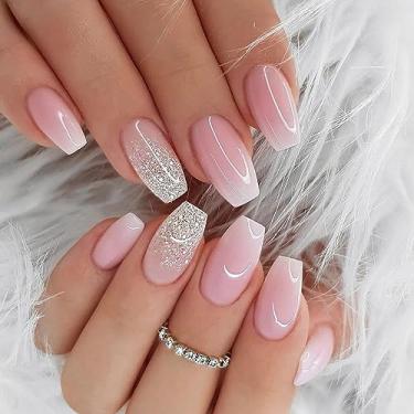 Imagem de 24 peças unhas postiças quadradas curtas com ponta francesa, unhas postiças de glitter rosa gradiente, unhas postiças de acrílico com cobertura completa com adesivos de cola, unhas adesivas