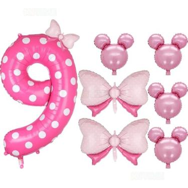 Imagem de Conjunto de 8 balões de aniversário rosa Mylar 101 cm grande de bolinhas número 9 com balões de laço para decoração de meninas 9 anos com tema de mouse de desenho animado suprimentos de festa