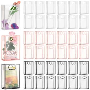 Imagem de LUMINFLY Alças com sacos de presente de plástico transparente, pacote com 50, branco, preto, tamanho médio, para embrulho de presente, brinquedos e muito mais, lembrancinhas de festa