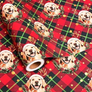 Imagem de Altarho Golden Retriever Rolo de papel de embrulho de Natal para crianças, meninos, meninas, padrões fofos de cães Golden Retriever, vintage, vermelho, preto, buffalo, xadrez, embrulho para presente