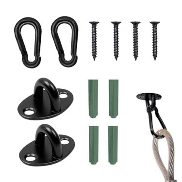 Imagem de KMYZQDV 2 peças de ganchos de teto com 2 peças de ganchos de pressão de aço inoxidável, suporte de placa de olhal resistente com âncoras de parafuso, suporte de parede, ilhós, argolas para pendurar na