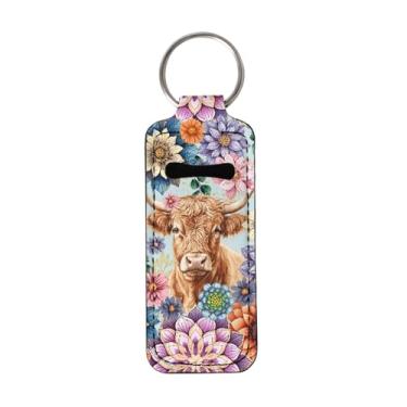 Imagem de gearider Highland Cow Lip Balm Porta-chaves Boho Floral Brilho Labial Batom Porta-chaves Uso Diário Acessório de Viagem