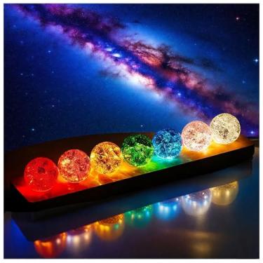 Imagem de MouMouPurr Conjunto de 7 bolas de chacra de cristal de vidro rachado de gelo de 40 mm com base de madeira de LED - esfera de cura de 7 cores, decoração de luz noturna para casa, sala de estar
