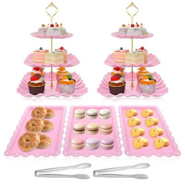 Imagem de Conjunto de 7 peças de suporte de bolo rosa, conjunto de mesa de sobremesa de plástico, 2 peças, torre de cupcake de 3 camadas com haste dourada, 3 bandejas de sobremesa e 2 peças de pinças de aço