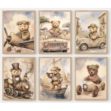 Imagem de 6 peças de arte de parede de berçário de urso fofo pôster de tela de veículo infantil decoração de parede vintage impressões de carro fotos de bebê transporte avião pintura trem caminhão arte para