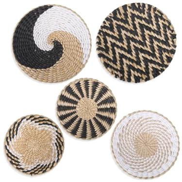 Imagem de Conjunto de 5 cestas de parede de tecido boêmio, decoração de arte de vime artesanal, cestas de grama de fazenda, vários tamanhos e padrões, fáceis de pendurar em casa ou escritório