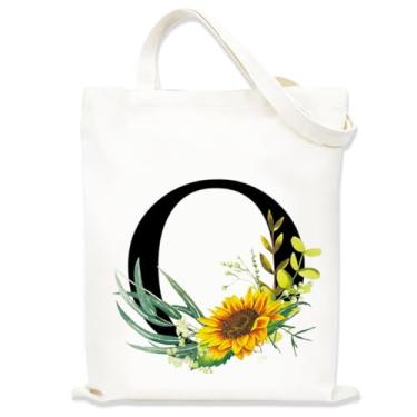 Imagem de Sacolas femininas de lona impressa, sacolas de compras de lona, sacola de compras reutilizável para viagens, compras, trabalho, academia - Letra O