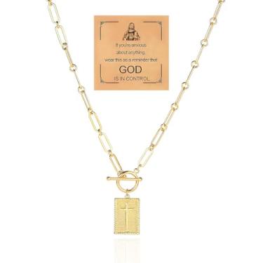 Imagem de Lyfange Colar com clipe de papel de cruz grossa para mulheres, colar retangular com fecho de alternância de ouro, colar de corrente cruzada de prata, joia religiosa, presente para fé cristã, Medium