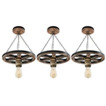 Imagem de Kit 3 Luminária Pendente Lustre Roda de Carroça em Madeira Maciça 33cm