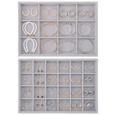 Imagem de Ewen Conjunto de 2 bandejas grandes empilháveis para exibição de joias, 35 x 24 x 3 cm, inserções de gavetas organizadoras de joias de veludo, bandeja de 12 grades com estojo de 24 grades para