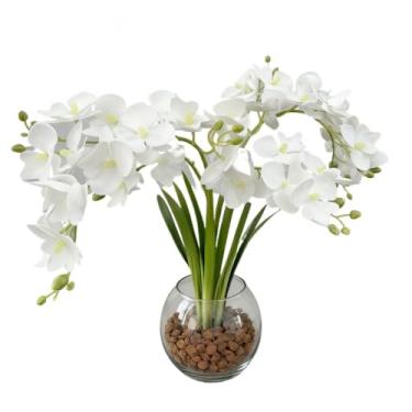 Imagem de Arranjo De Flor De Orquidea 4 Hastes Vaso Vidro Grande 40cm 16cm Altura Decor Aparador Sala Plantas Artificiais Decorativas(BRANCA)