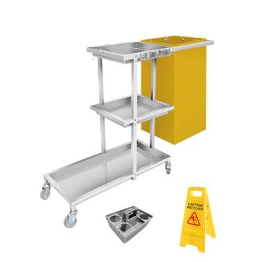 Imagem de Carrinho de limpeza de aço inoxidável Carrinho de limpeza com rodinhas com 3 prateleiras com saco de PVC (amarelo 2)
