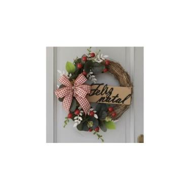 Imagem de Guirlanda Natalina Decorativa, Verde, 25cm de Diâmetro, com Laço, Tambor, Cereja e Bolas de Natal, Material em Arame e Plástico, para Porta