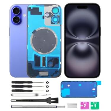 Imagem de Yuntunele Tampa traseira de vidro (inclui vidro de lente, suporte, ímã) Substituição compatível com iPhone 16 Todas as operadoras com conjunto de ferramentas profissionais (azul)