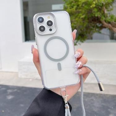 Imagem de Capa transparente magnética para iPhone 17 16 15 11 12 13 14 Pro Max com alça transversal, cordão e função anti-perda, cinza, para iPhone 16e