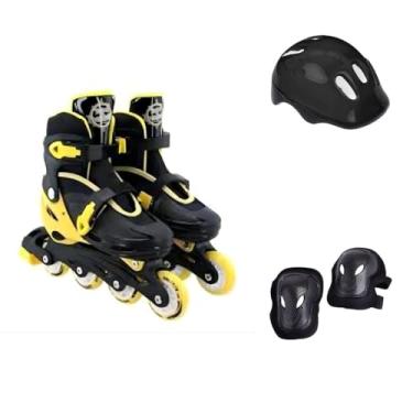 Imagem de Kit de Proteção Infantil com Patins, Capacete, Joelheiras e Cotoveleiras, Preto e Amarelo, Ajustável 34-37, para Crianças +3 Anos, Suporta até 60kg
