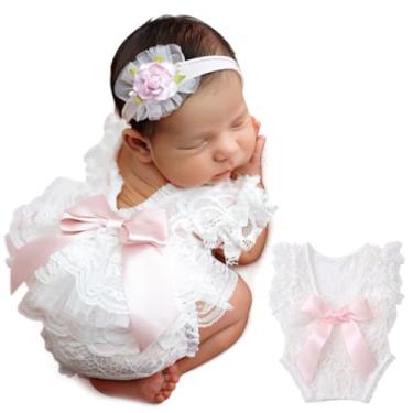 Imagem de ForBaysy Adereços para fotografia de recém-nascidos, macacão de renda combinando com flores fofas, faixa de cabeça, vestido para recém-nascido, adereços para posar