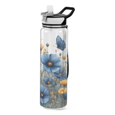 Imagem de ATTX Garrafa de água Blue Wildflowers, 947 ml, à prova de vazamento e livre de BPA, garrafas de água reutilizáveis de plástico Tritan para viagens, academia, corrida, fitness #354