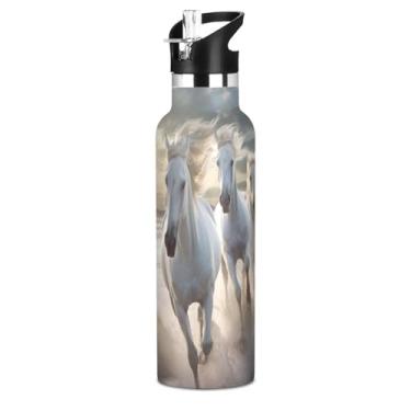 Imagem de Blueangle Garrafa de água de 590 ml com canudo - Garrafa de água esportiva de aço inoxidável sem BPA, design de corrida de cavalos brancos à prova de vazamento para academia, atividades ao ar livre