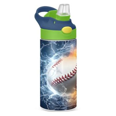 Imagem de Blueangle Garrafa de água de fogo de beisebol de aço inoxidável isolada de 355 ml com tampa de canudo - Garrafa esportiva reutilizável à prova de vazamento para viagens, ao ar livre (225)