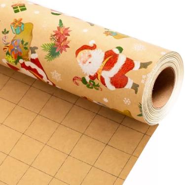 Imagem de Merture Papel de embrulho de Natal Kraft marrom - 46,5 m x 32,8 pés (46,5 m²) - Embrulho de presente com padrão de Papai Noel para dar de presente para Natal, festa, celebração de férias