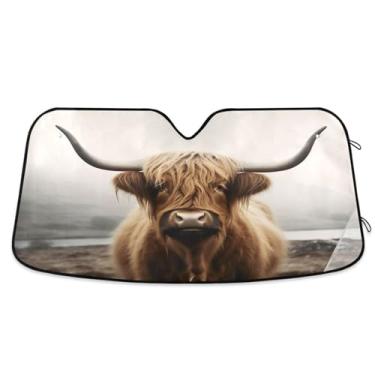 Imagem de ATTX Guarda-sol engraçado Highland Cow Car Para-brisa 139.7 cm x 70.1 cm Protetor solar universal com proteção UV, persiana de janela frontal automática dobrável para Sedans SUVs caminhões #411