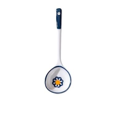 Imagem de Concha de sopa Colher de sopa cerâmica com cabo longo, colher grande pintada à mão em cor sob o vidrado, miso japonesa para molho cereais, 2 peças(Blue)