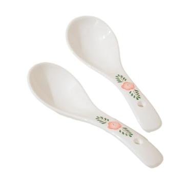 Imagem de Concha de sopa Colher de cerâmica branca com colher em formato ovo porcelana elegante impressa, conjunto 2 colheres sopa para, bolinho, wonton, cereal(Pequeno)