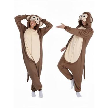 Imagem de ROC PARTY Fantasia de Halloween para adultos – Pijama de animal unissex peça única para festa e loungewear, Macaco, P